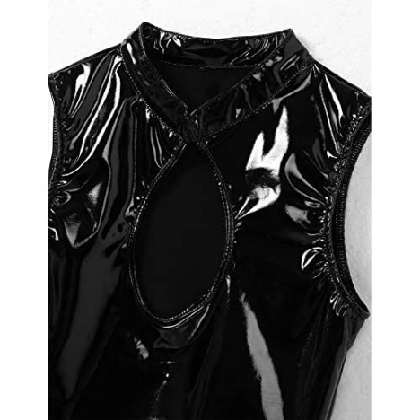 ACSUSS Womens Shiny Latex Mock Neck Sleeveless Front Keyhole Cut Out Vest Crop Top Clubwear
