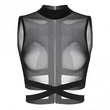 ACSUSS Women's Turtle Neck Sheer Mesh Crop Top See Through Vest Blouse Clubwear