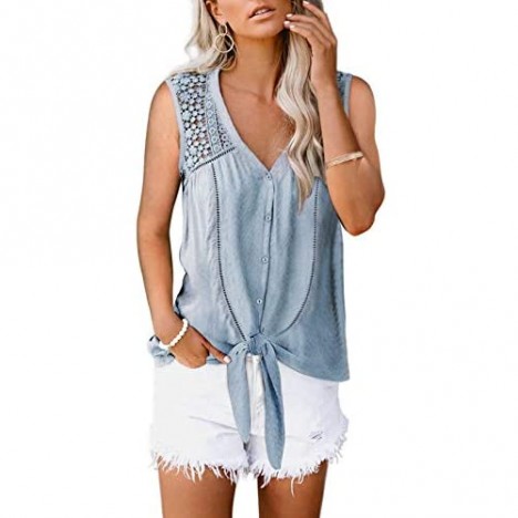Aleumdr Women's Lace Crochet Mesh V Neck Sleeveless Button Down Shirts Casual Blouses Tops Sky Blue Large 12 14
