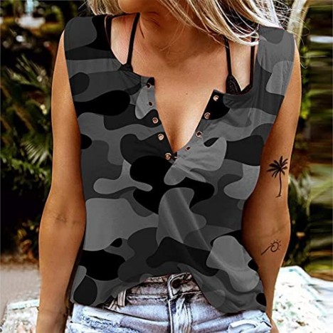 Butterfly Tunic Tops for Women Sleeveless Henley V Neck Buttons Up Summer Casual Blouse Shirt Yoga Workout Tank Tops