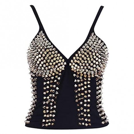 Coolweary Women's&Lady's Sexy Gothic Metallic Gathers Spike Studs Rivet Bustier Punk Corset Bra Lingerie Top Vest