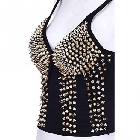 Coolweary Women's&Lady's Sexy Gothic Metallic Gathers Spike Studs Rivet Bustier Punk Corset Bra Lingerie Top Vest