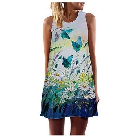 Famous TIK Tok Women's Summer Sleeveless Boho Floral Print Tunic Swing Loose Pockets T-Shirt Dress Summer Beach Mini Dress