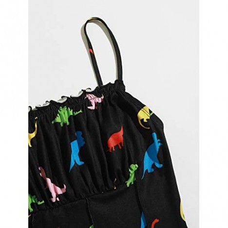 Floerns Women's Ruched Bust Lettuce Trim Dinosaur Print Cami Vest Crop Top