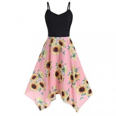 iQKA Womens Sunflower Print Mini Dress Plus Size Asymmetric Camis Dress Vestidos Summer Sling Beach Dress