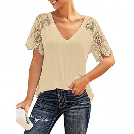 luvamia Women's Casual V Neck Lace Tops Short Sleeve Summer T Shirts Blouses