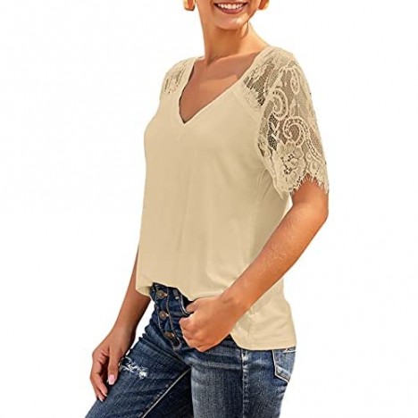 luvamia Women's Casual V Neck Lace Tops Short Sleeve Summer T Shirts Blouses