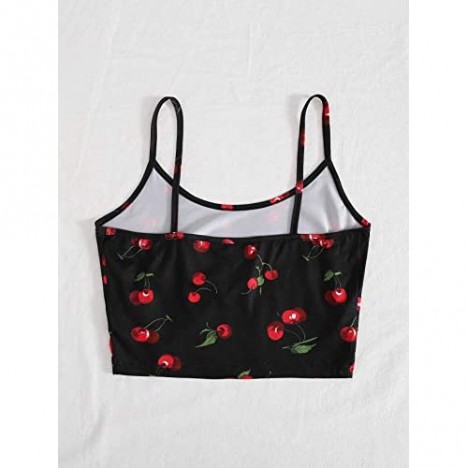 MakeMeChic Women's Summer Cherry Print Spaghetti Strap Sleeveless Cami Crop Top