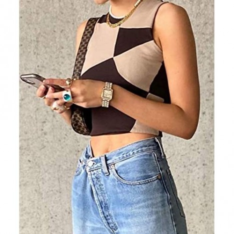 MISSACTIVER Women Y2K Patchwork Slim Fit Crop Vest Color Block Rib-knit Round Neck Sleeveless Crop Tank Top Streetwear