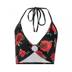 ranrann Women's Summer Floral Printed Halter Lace-up Sleeveless Crop Top Backless Vest T-Shirts