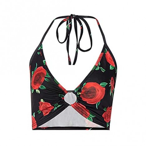 ranrann Women's Summer Floral Printed Halter Lace-up Sleeveless Crop Top Backless Vest T-Shirts