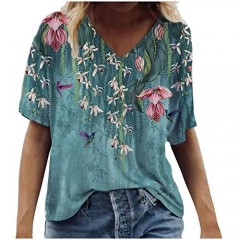 Summer Tops for Women Loose Casual V-Neck Crop Tops Short Sleeve Casual Floral Print Tshirt Workout Basic New Tee