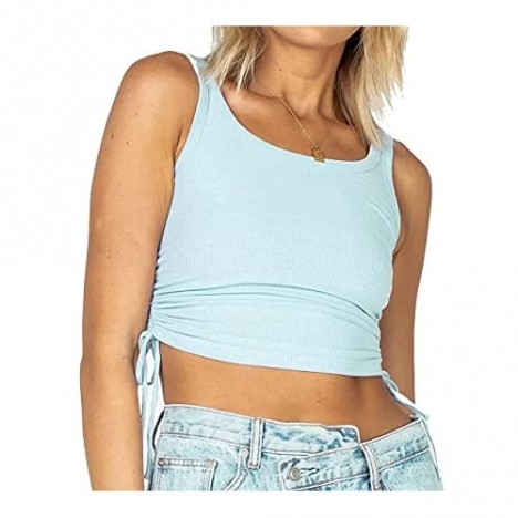 Trendy Queen Women’s Sleeveless Shirt Crew Neck Solid Color Drawstring Tank Ribbed Crop Top