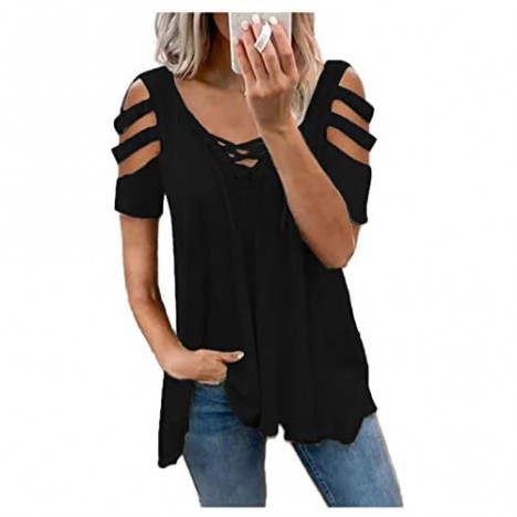 Women Short Sleeve Cut Out Cold Shoulder T Shirts Zipper V Neck Strap Sexy Low Cut Tops Summer Casual Plus Size Tunic