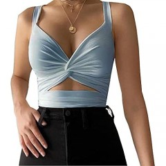 Women Y2K Criss Cross Strappy Vest Sleeveless Sexy Halter Neck Crop Top Front Cut Out Basic Tees