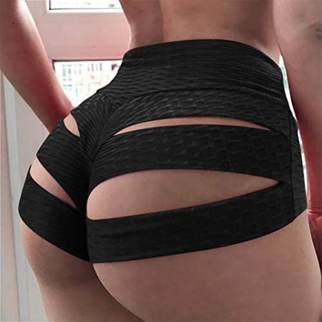 Womens High Waist Yoga Shorts Booty Bandage Strappy Hollow Cut Out Leggings Shorts Tummy Control Butt Lifting Tights