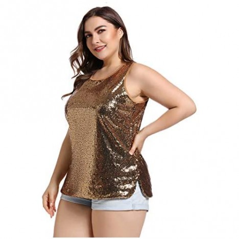 Women's Sequin Top Camisole Sleeveless Vest Round Neck Shimmer Tunic Blouse Plus Size