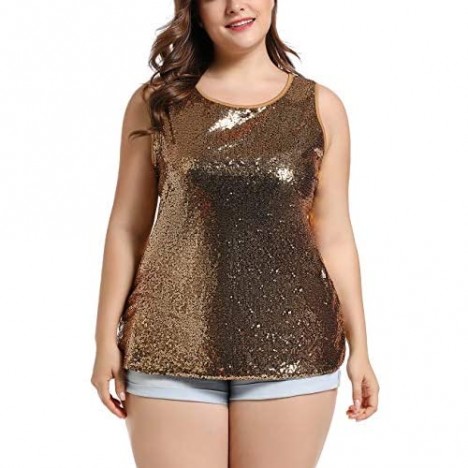 Women's Sequin Top Camisole Sleeveless Vest Round Neck Shimmer Tunic Blouse Plus Size