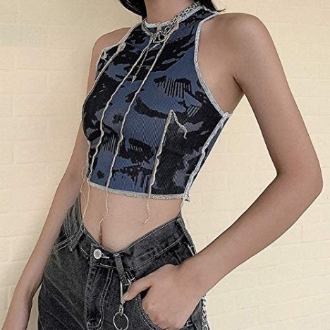 Women’s Slim Fit See Through Vest Top Fashion Spliced Lace Up Hem Crop Top Tassel Sleeveless Garment Tank Top Fashion