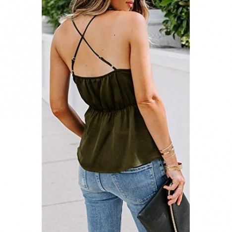 Womens V Neck Wrap Cami Tops Tie Knot Tank Tops with Adjustable Spaghetti Strap