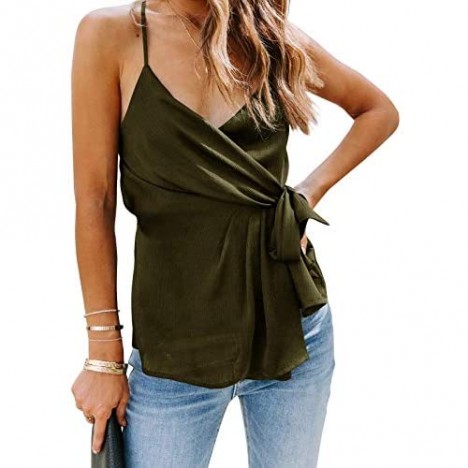 Womens V Neck Wrap Cami Tops Tie Knot Tank Tops with Adjustable Spaghetti Strap
