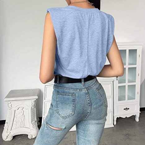 Women's Vest Casual Loose Sleeveless V Neck All-Match Solid Color T-Shirt with Shoulder Pad Summer Blouse Tops