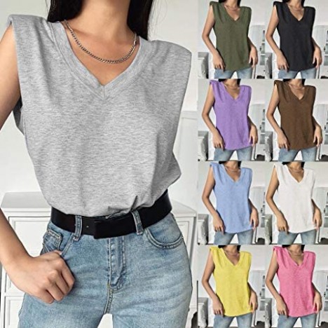 Women's Vest Casual Loose Sleeveless V Neck All-Match Solid Color T-Shirt with Shoulder Pad Summer Blouse Tops