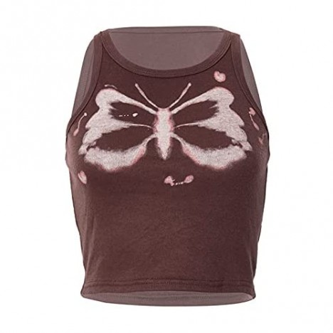 XFLnaraz Women Sexy Butterfly Graphic Printing Vest Sleeveless Crop Top Round Neck Exposed Navel Slim Fit Tops