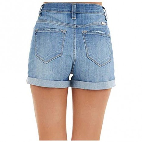 XUETON Womens Basic Mid Waist Bermuda Jeans Shorts Skinny Stretch Folded Hem Denim Short Pants