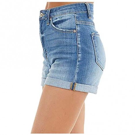 XUETON Womens Basic Mid Waist Bermuda Jeans Shorts Skinny Stretch Folded Hem Denim Short Pants
