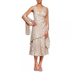 Alex Evenings Women's Tea Length Printed Chiffon Dress with Shawl