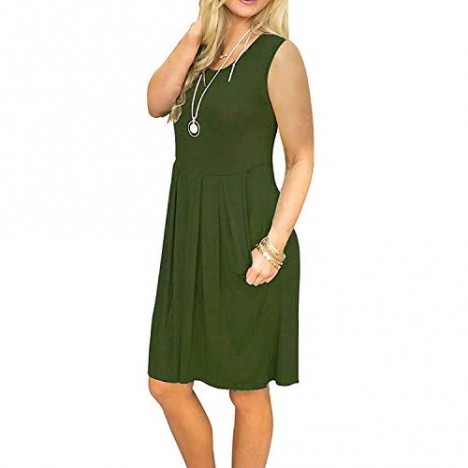 AUSELILY Women's Sleeveless Pleated Loose Swing Casual Dress with Pockets Knee Length