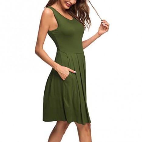 AUSELILY Women's Sleeveless Pleated Loose Swing Casual Dress with Pockets Knee Length