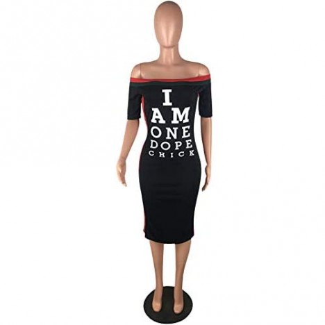 ECHOINE Womens Fashion Letter Print Off The Shoulder Sleeveless T Shirt Maxi Dress