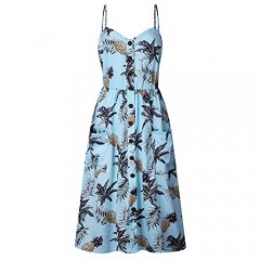ECHOINE Women's Summer Dresses Floral Boho Spaghetti Strap Button Down Swing Midi Beach Dress with Pockets