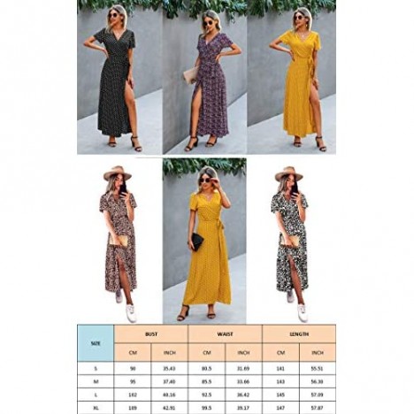 ECOWISH Women's Dresses Bohemian Wrap V Neck Short Sleeve Ethnic Style High Split Beach Maxi Dress