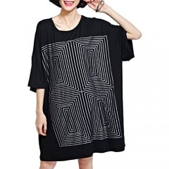 ellazhu Women Loose Geometric Print Short Sleeve Large Size Shirtdress GA89