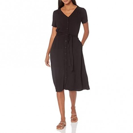 Essentials Women's Short-Sleeve Midi Button Front Tie Dress