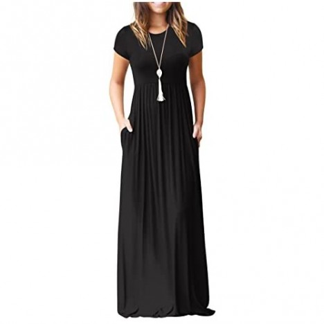 GRECERELLE Women's Short Sleeve Loose Plain Maxi Dresses Casual Long Dresses with Pockets