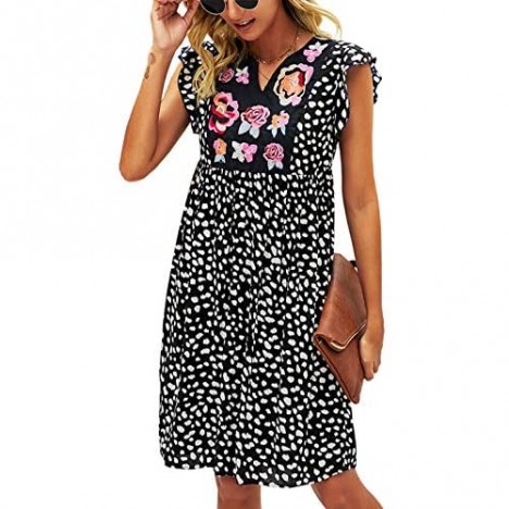 KIRUNDO Women’s Summer Leopard Mini Dress V Neck Bohemia Dress Sleeveless Flowy Loose Badydoll Dress Casual Floral Dress