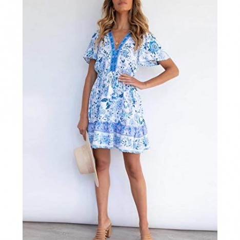 LEANI Women’s Summer V Neck Bohemian Floral Print Mini Dress Short Sleeve Ruffle Beach Short Dress