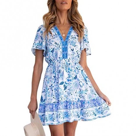 LEANI Women’s Summer V Neck Bohemian Floral Print Mini Dress Short Sleeve Ruffle Beach Short Dress