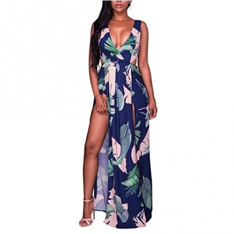 Meenew Women's Sleeveless V Neck Boho Floral Print Beach High Split Maxi Dress