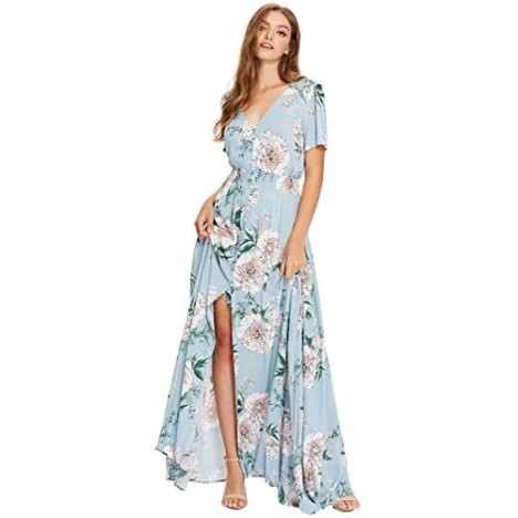 Milumia Women Floral Print Flowy Short Sleeves Button Down Split Long Maxi Dress