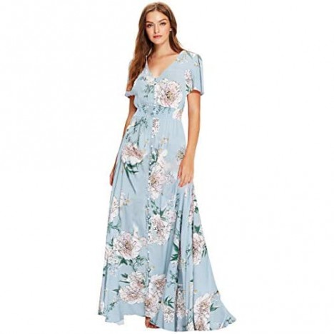 Milumia Women Floral Print Flowy Short Sleeves Button Down Split Long Maxi Dress