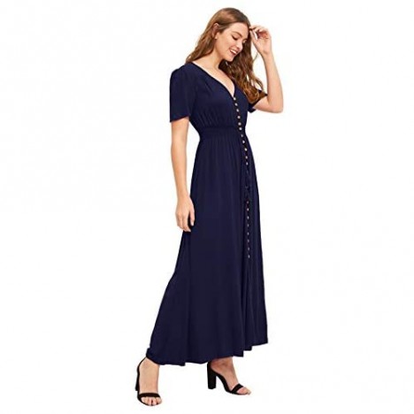 Milumia Women's Button Up Split Flowy Short Sleeve Plain A Line Party Maxi Dress