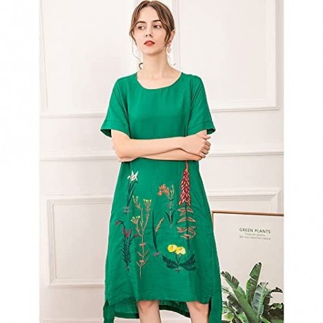 Minibee Women's Embroidered Linen Dress Summer A-Line Sundress Hi Low Tunic Clothing