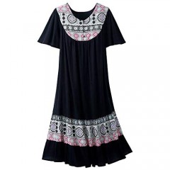 National Santa Fe Border Print Dress - Short-Sleeve Pullover Dress - Easy-Care 100% Crinkle Cotton Side Pockets