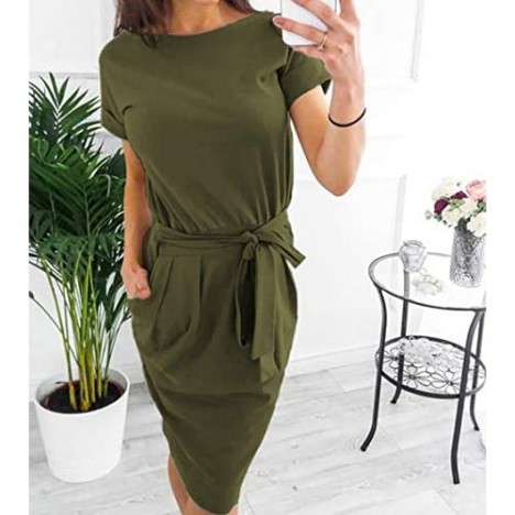 PRETTYGARDEN Ladies Basic Crewneck Belted Office Dress with Pockets Solid Color Sexy Short Sleeve Party Slim Dress