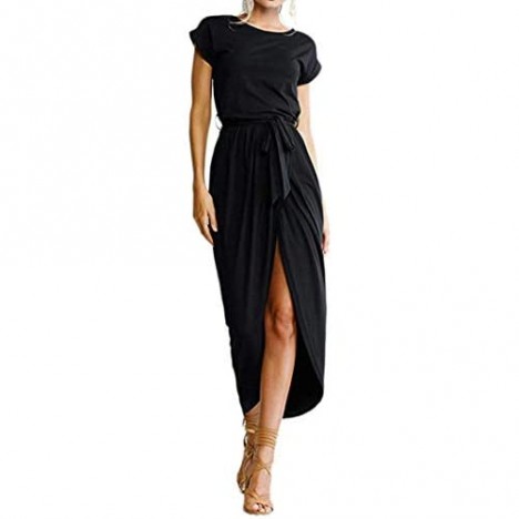 Qearal Women Summer Short/3/4 Sleeve Belted Dress Elastic Waist Slit Long Maxi Dress